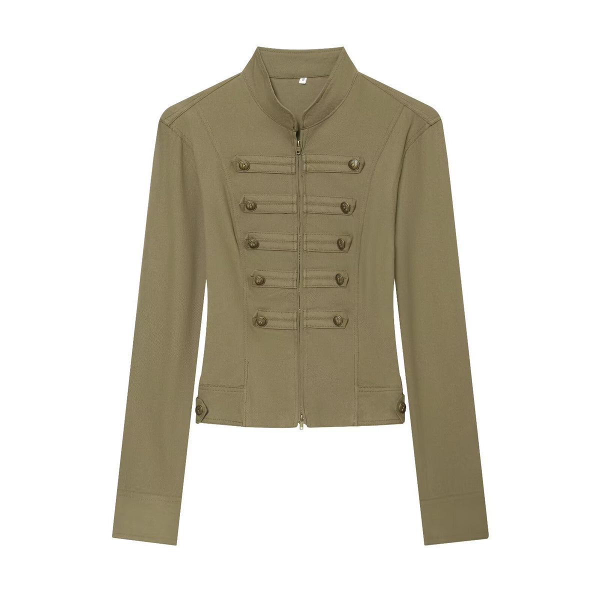 Knot button stand up collar zipper long sleeved jacket for women