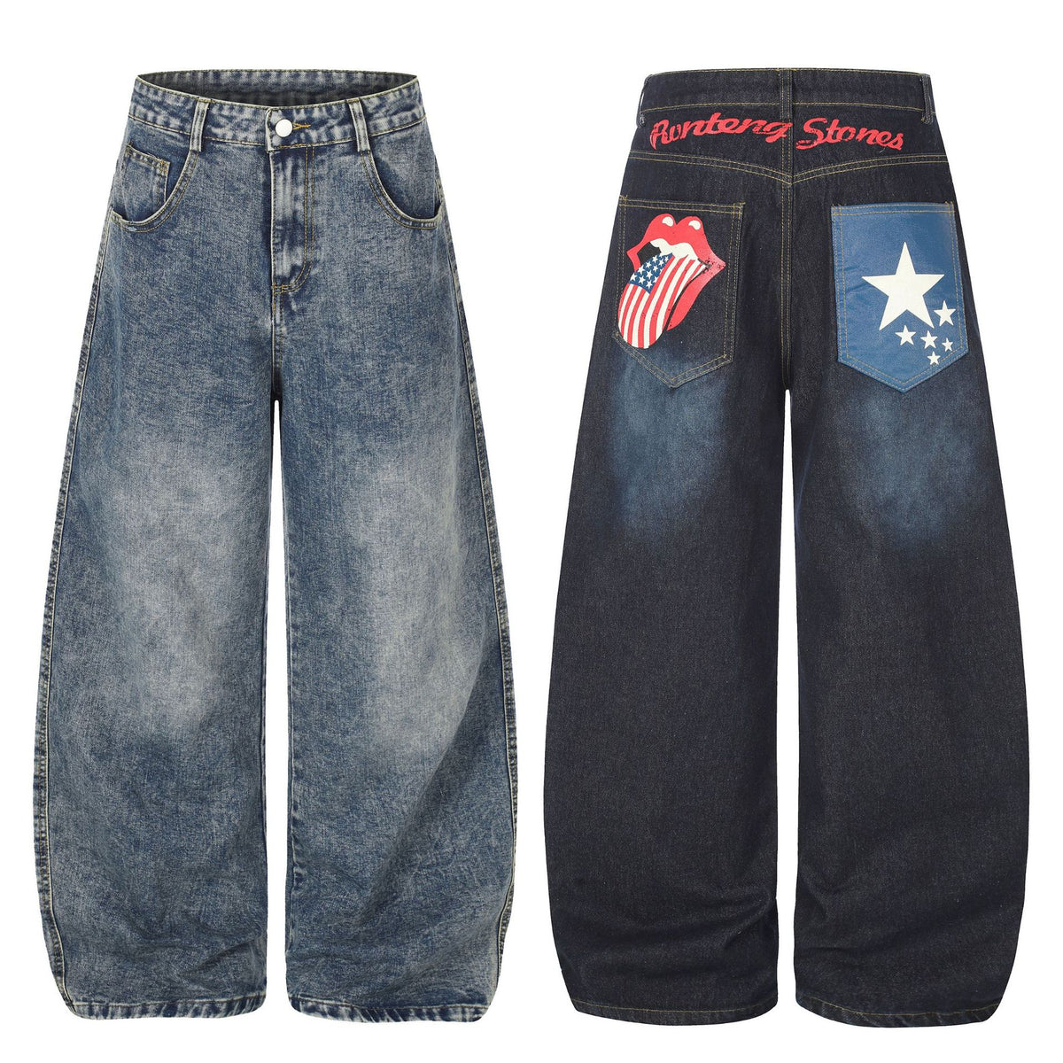Vibe Washed Patchwork Print High Waist Loose Drape Wide Leg Jeans