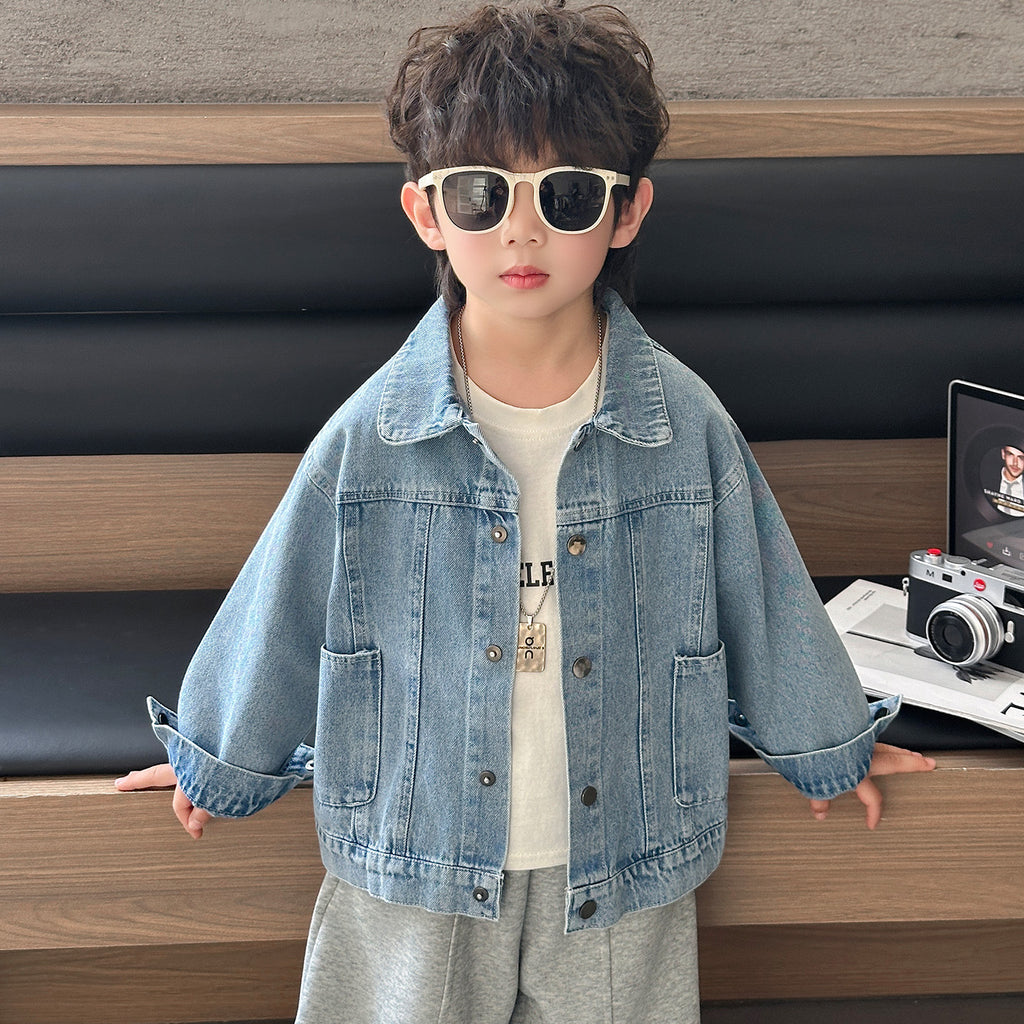 Casual Denim Open Front Lapel Collar Kids Jacket