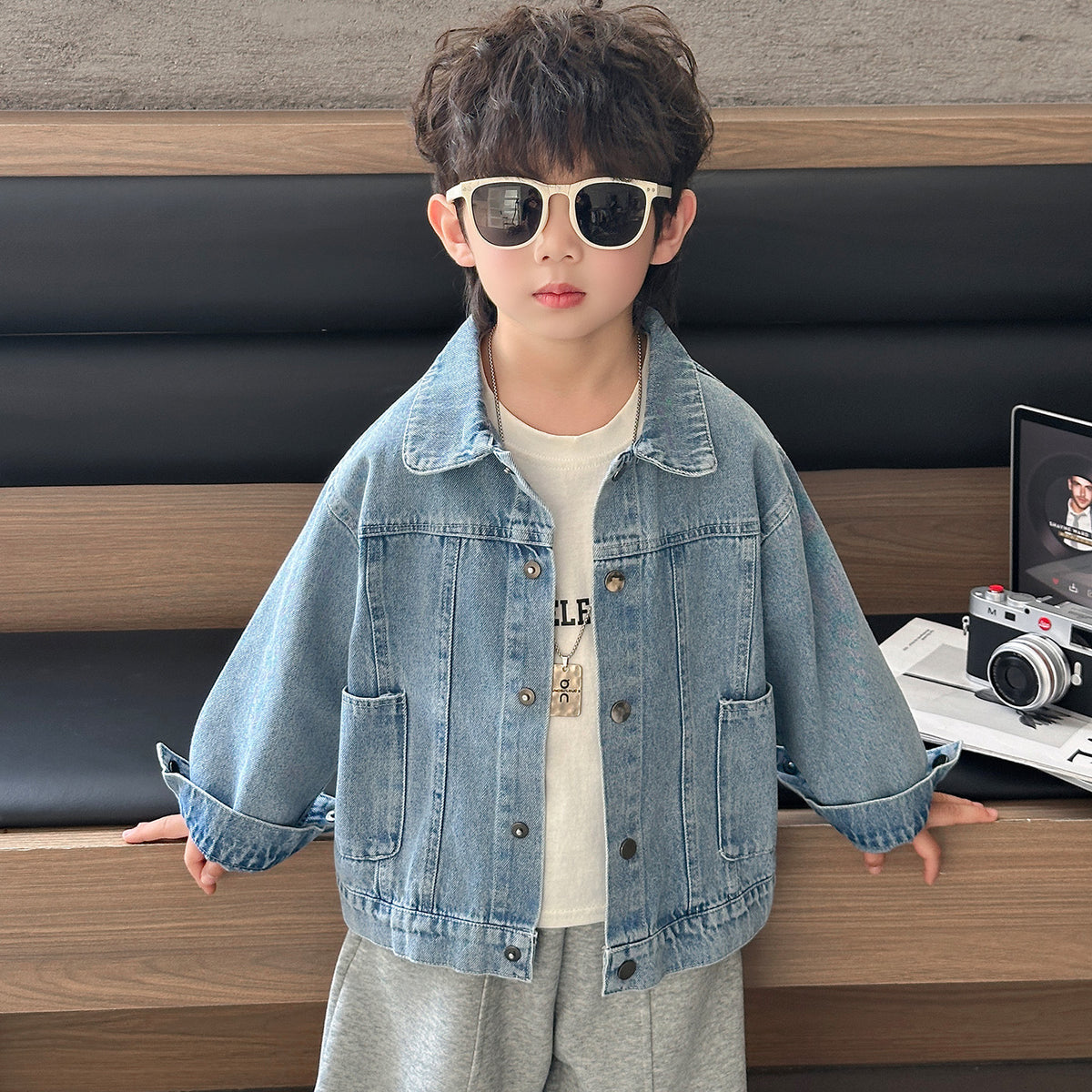 Casual Denim Open Front Lapel Collar Kids Jacket