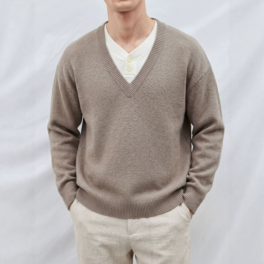 V-neck solid color pullover sweater