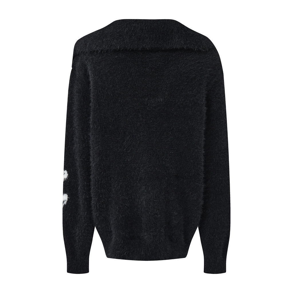 Women's Relaxed Style Letter Jacquard Pattern Asymmetrical Collar Knit Pullover Sweater