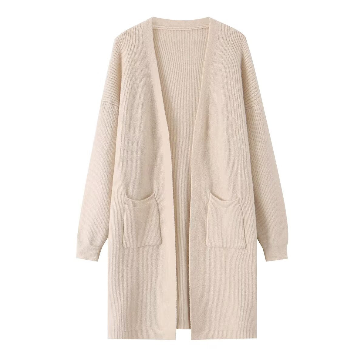 Pocket decoration loose V-neck buttonless long sweater for women