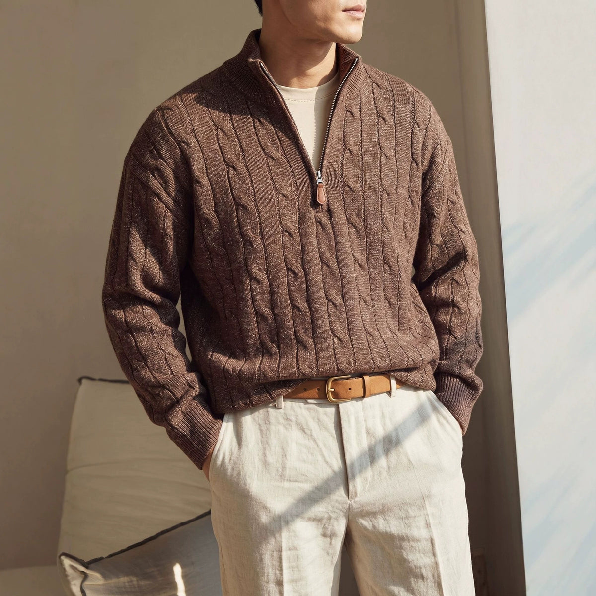 Half zip stand up collar long sleeved loose sweater