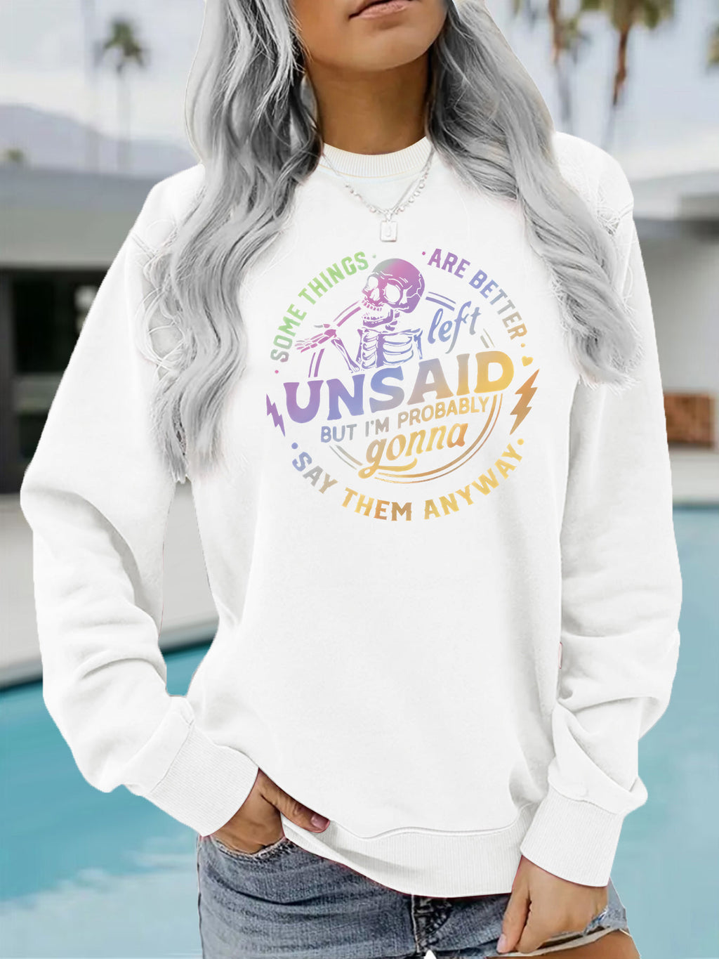 Pattern printed round neck fleece hoodie