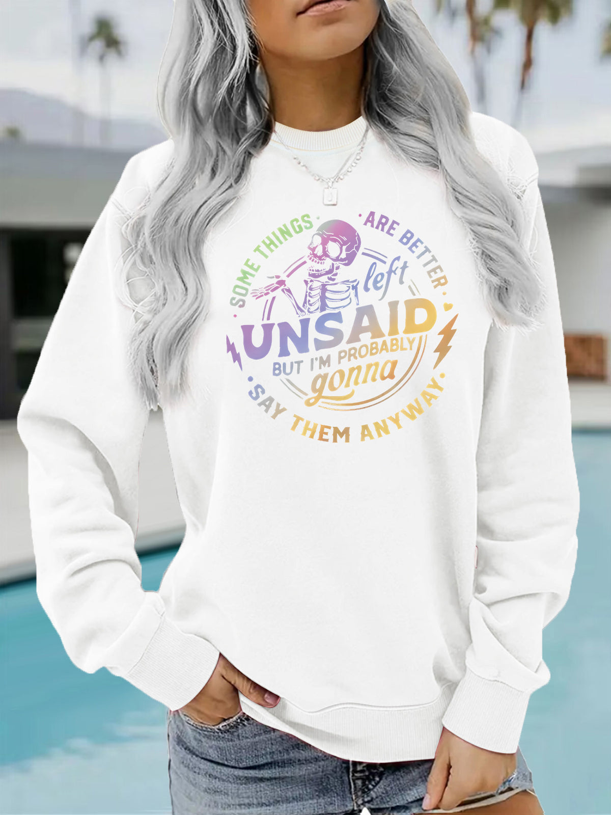 Pattern printed round neck fleece hoodie