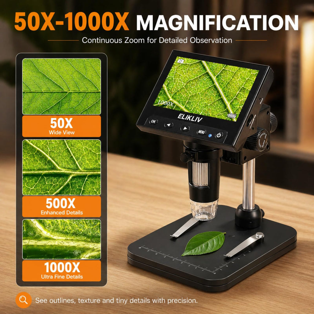 Elikliv Microscope, Digital Coin Microscope 1000x with Lights, EDM4, 4.3''