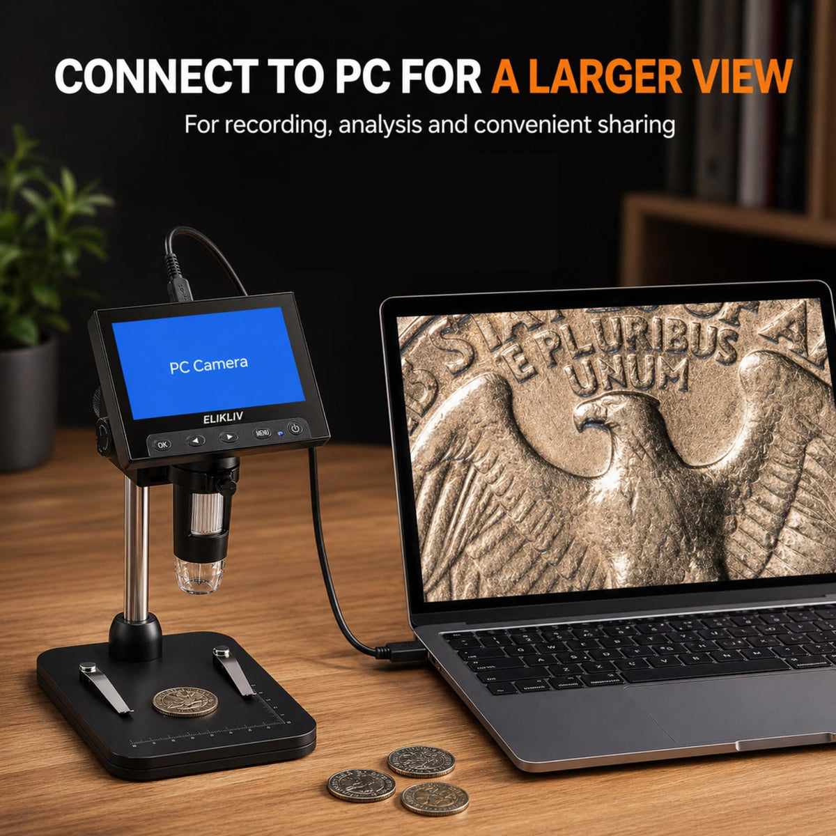 Elikliv Microscope, Digital Coin Microscope 1000x with Lights, EDM4, 4.3''