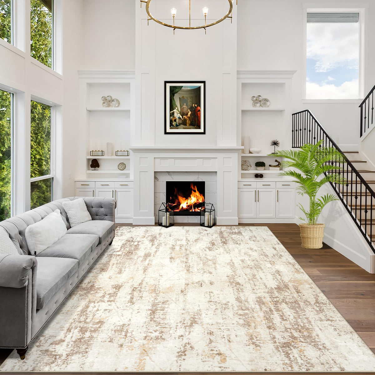 5x7 Area Rugs for Living Room: Washable Abstract Black Grey Gold Carpet