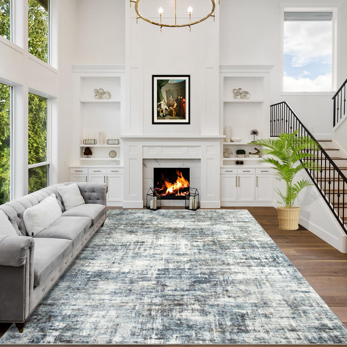 5x7 Area Rugs for Living Room: Washable Abstract Black Grey Gold Carpet