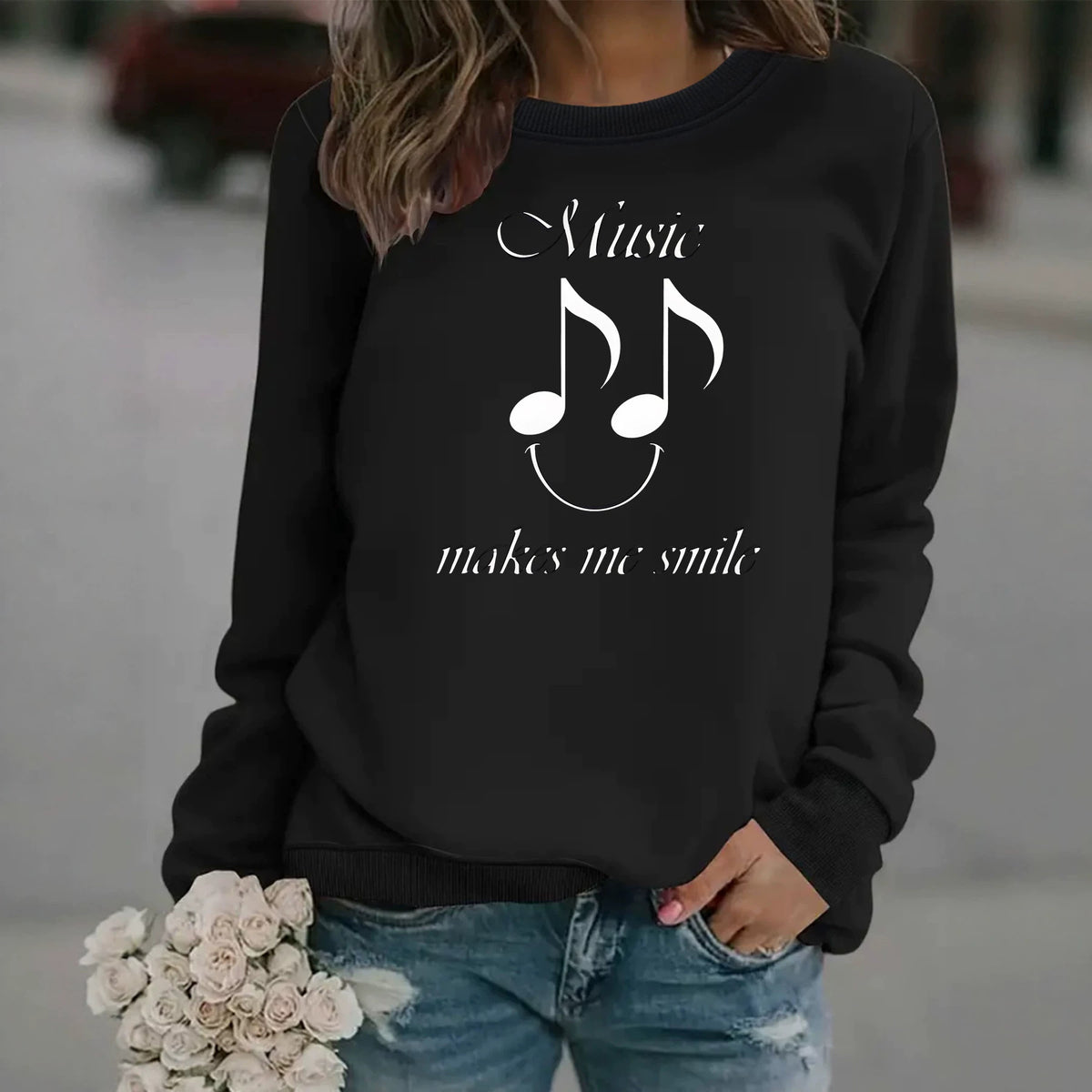 Printed round neck fleece hoodie for women
