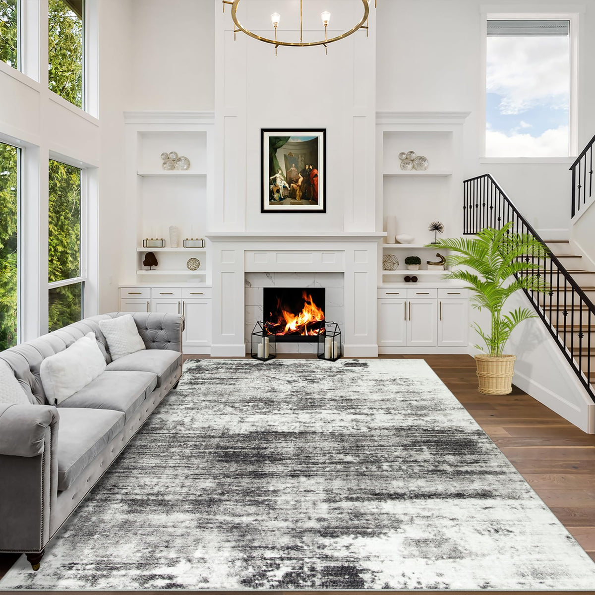 5x7 Area Rugs for Living Room: Washable Abstract Black Grey Gold Carpet