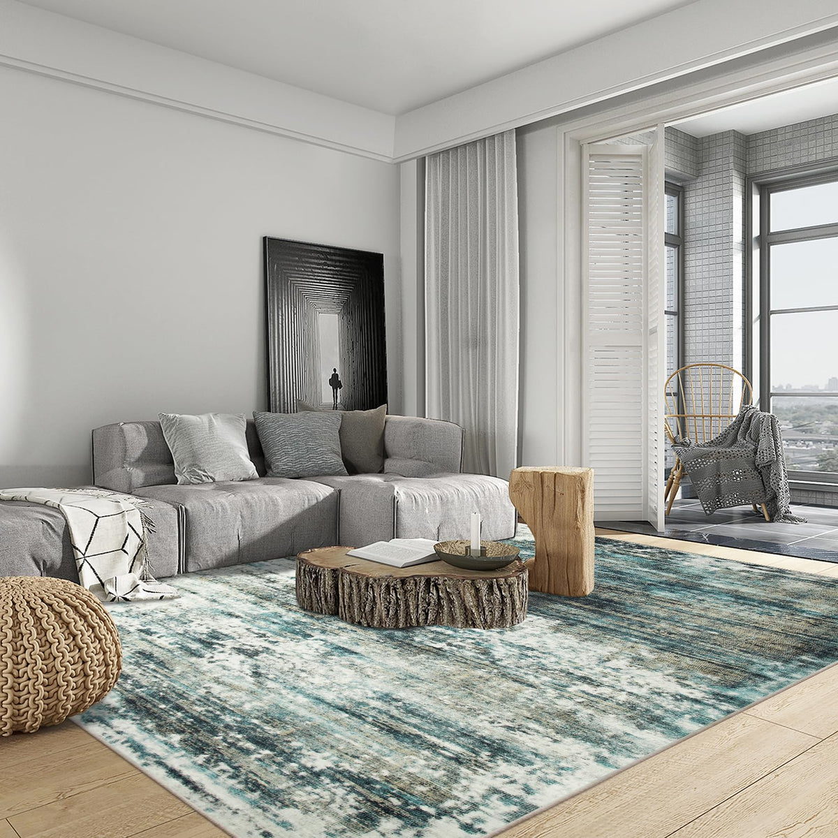 5x7 Area Rugs for Living Room: Washable Abstract Black Grey Gold Carpet