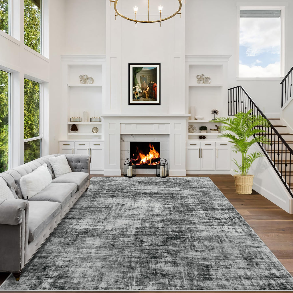 5x7 Area Rugs for Living Room: Washable Abstract Black Grey Gold Carpet