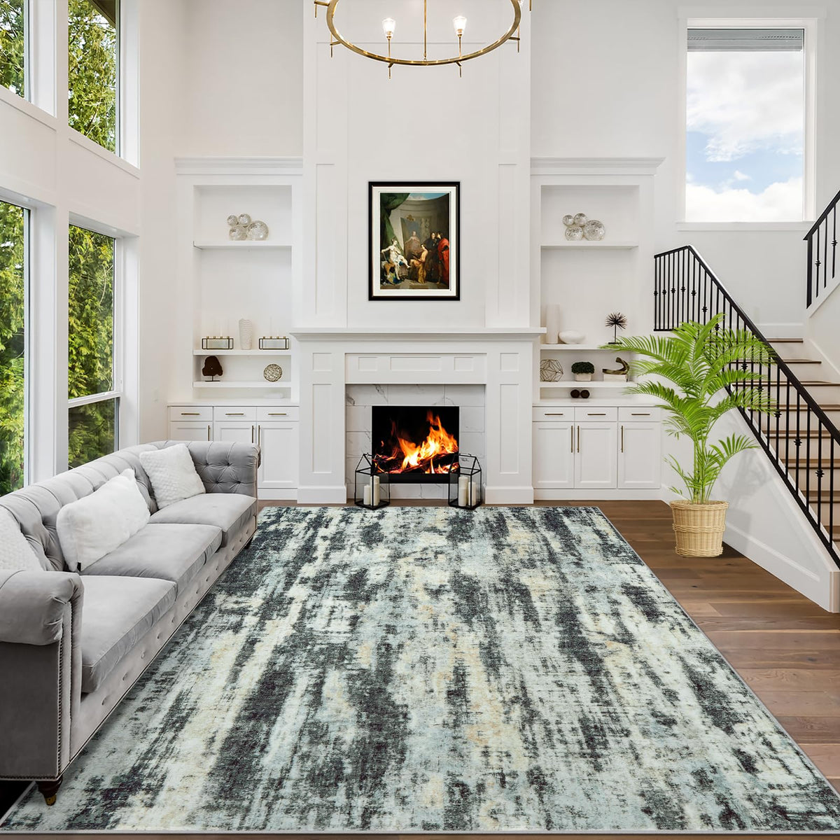 5x7 Area Rugs for Living Room: Washable Abstract Black Grey Gold Carpet