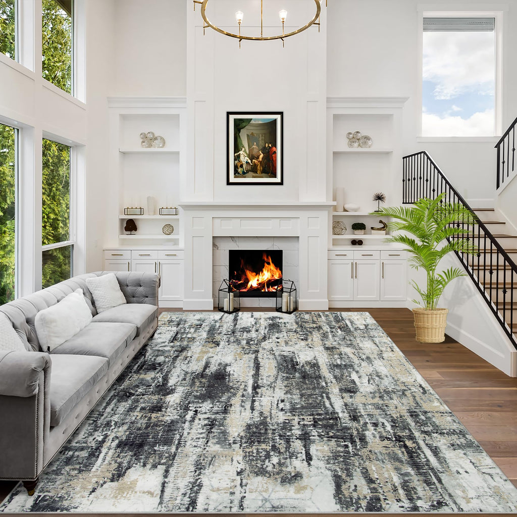 5x7 Area Rugs for Living Room: Washable Abstract Black Grey Gold Carpet