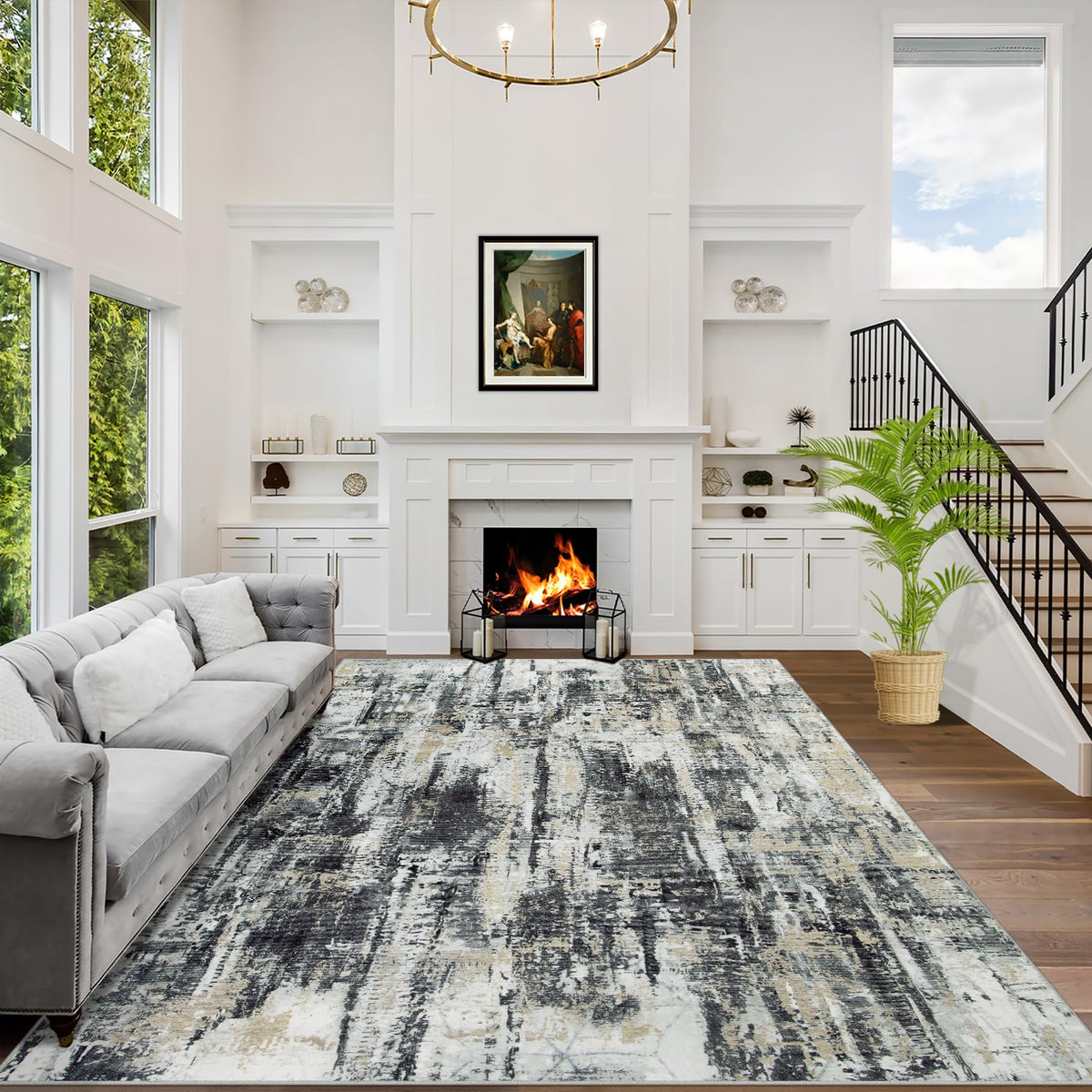 5x7 Area Rugs for Living Room: Washable Abstract Black Grey Gold Carpet