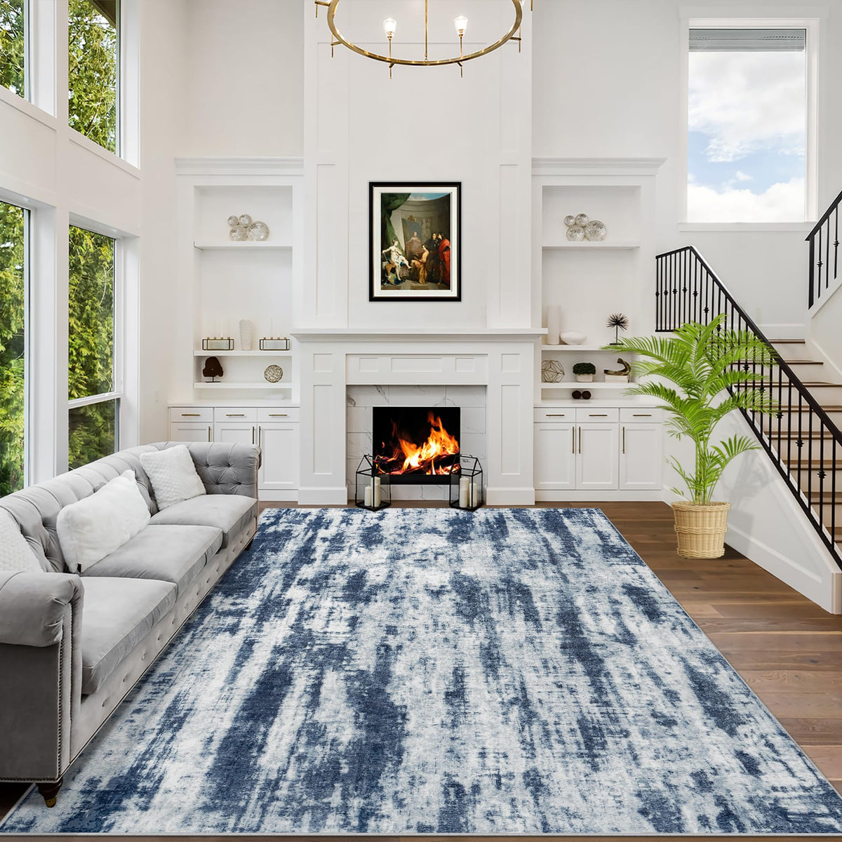 5x7 Area Rugs for Living Room: Washable Abstract Black Grey Gold Carpet