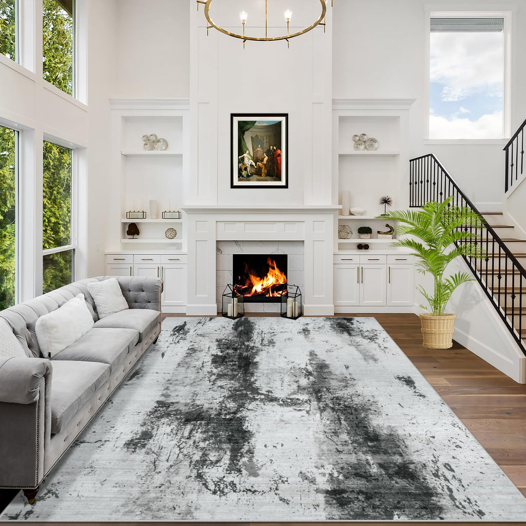 5x7 Area Rugs for Living Room: Washable Abstract Black Grey Gold Carpet