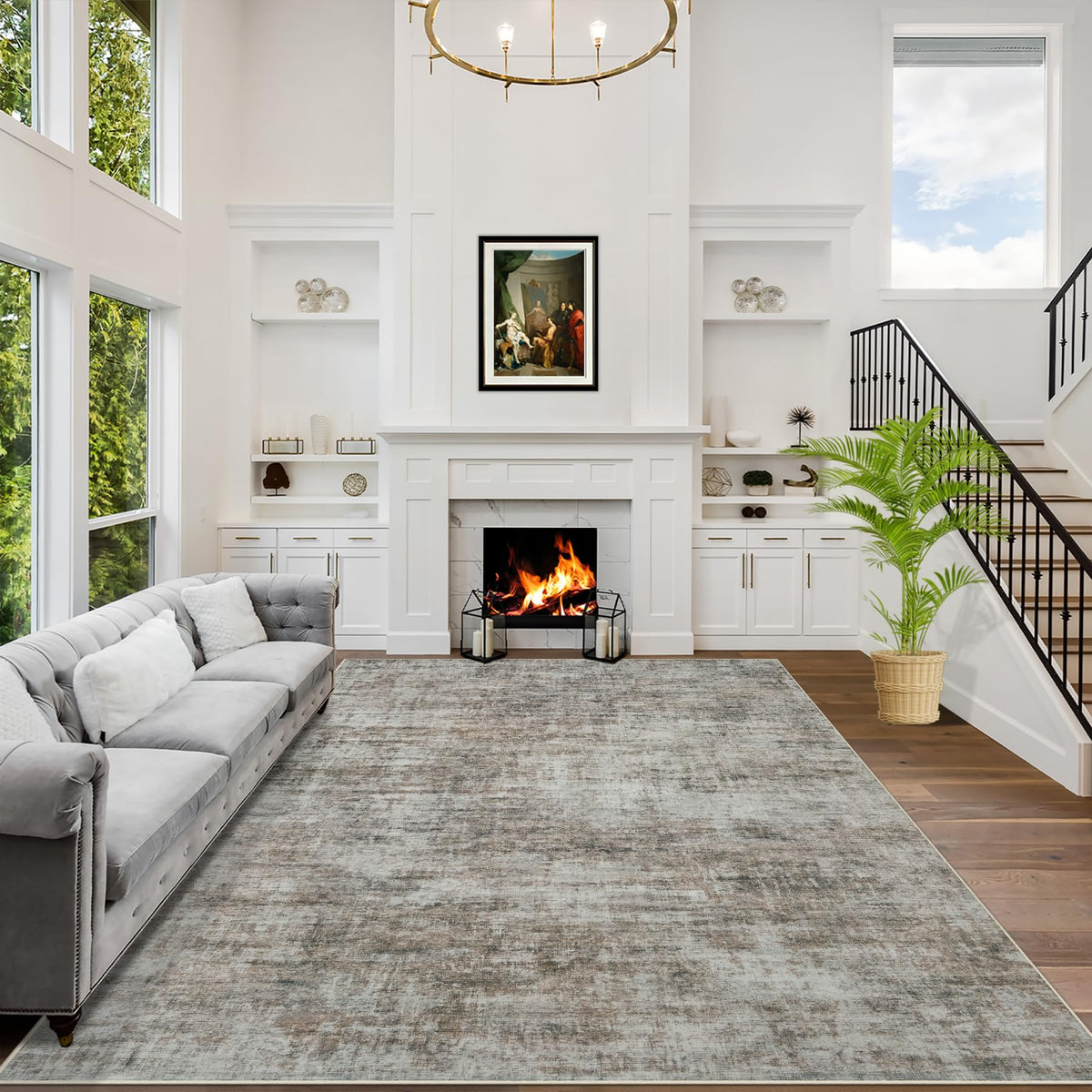 5x7 Area Rugs for Living Room: Washable Abstract Black Grey Gold Carpet