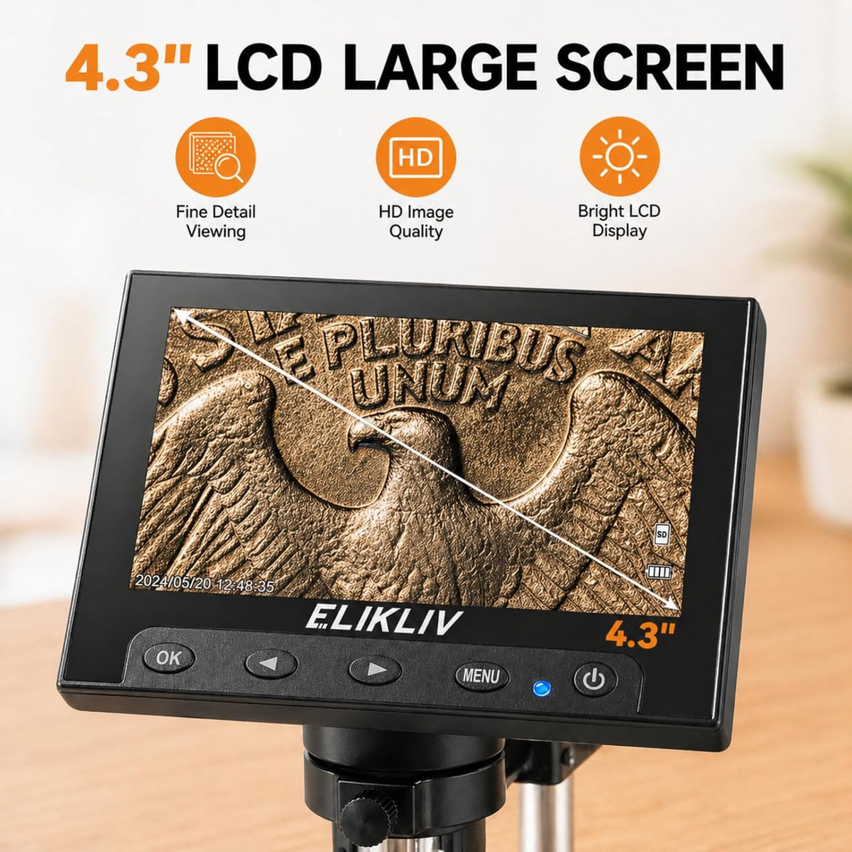 Elikliv Microscope, Digital Coin Microscope 1000x with Lights, EDM4, 4.3''