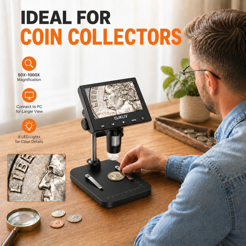 Elikliv Microscope, Digital Coin Microscope 1000x with Lights, EDM4, 4.3''