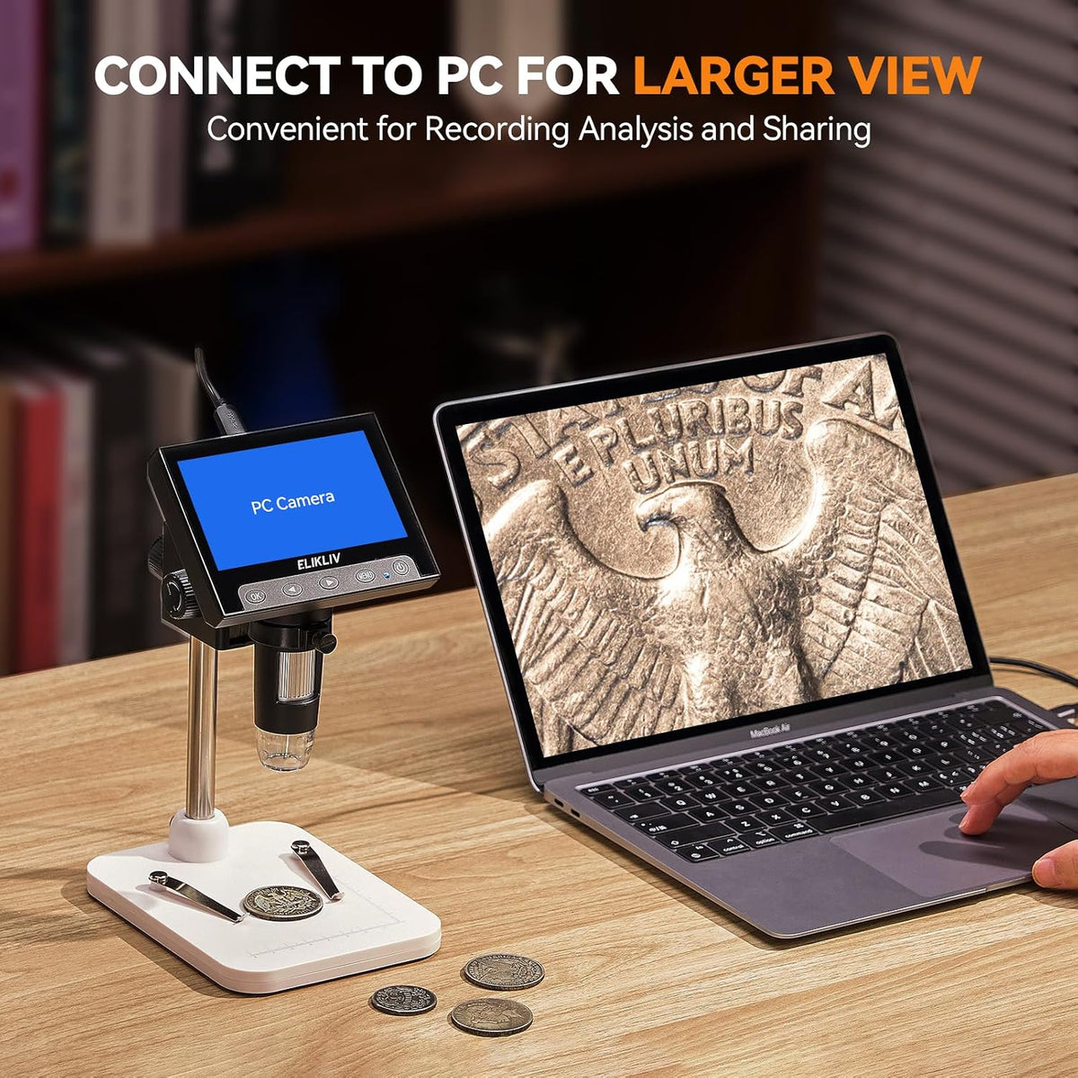Elikliv Microscope, Digital Coin Microscope 1000x with Lights, EDM4, 4.3''