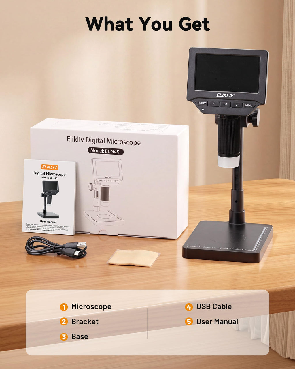 Elikliv Microscope, Digital Coin Microscope 1000x with Lights, EDM4, 4.3''