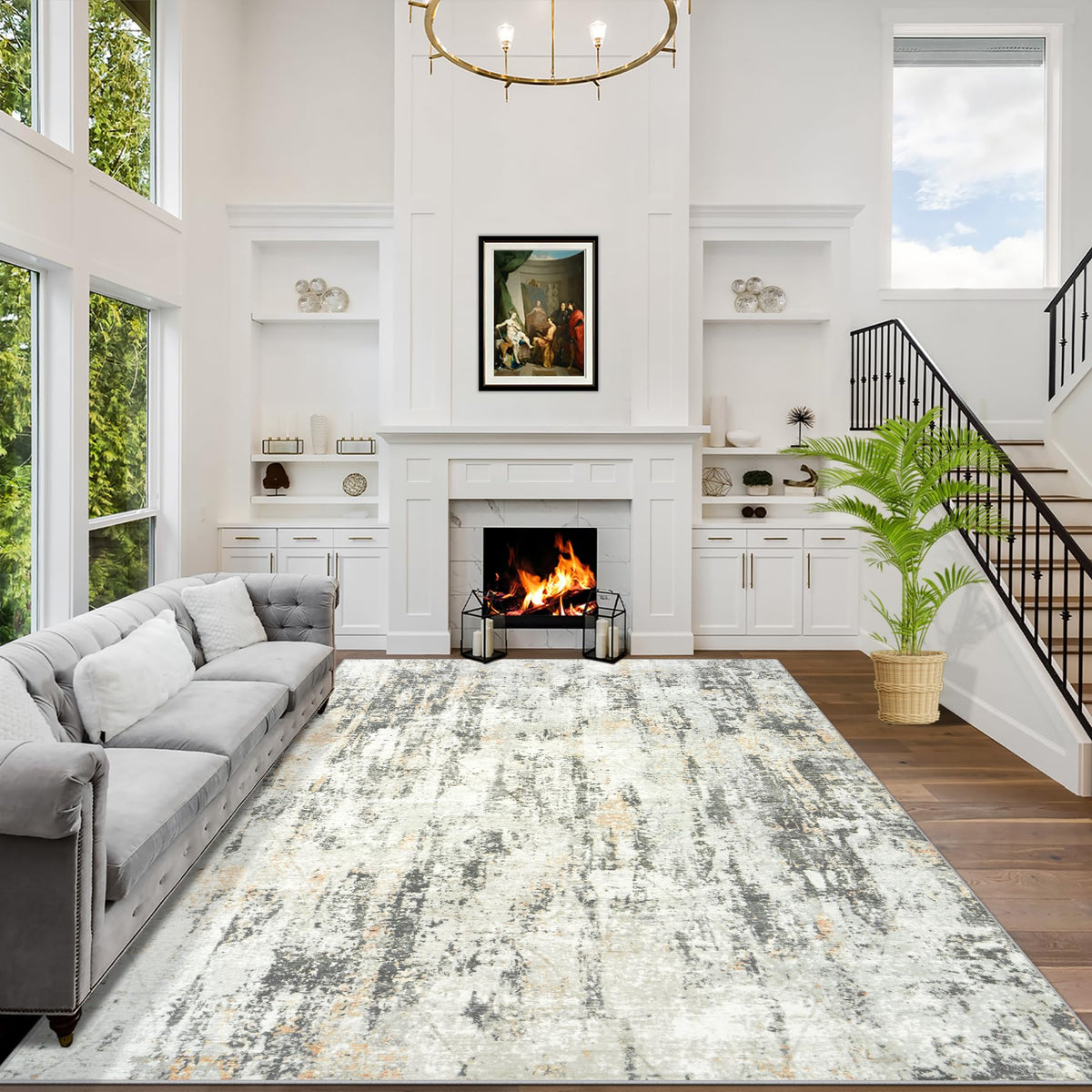 5x7 Area Rugs for Living Room: Washable Abstract Black Grey Gold Carpet