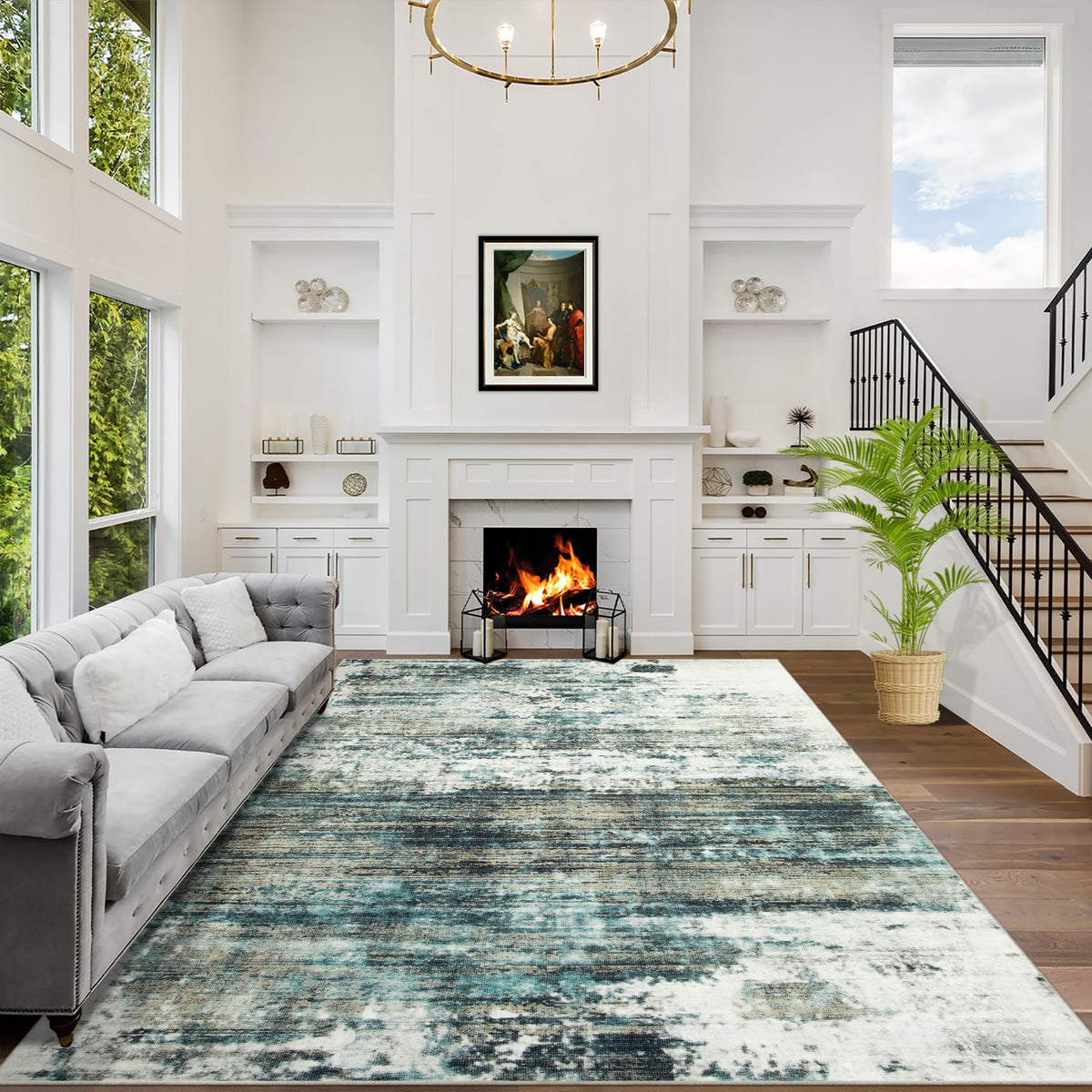 5x7 Area Rugs for Living Room: Washable Abstract Black Grey Gold Carpet