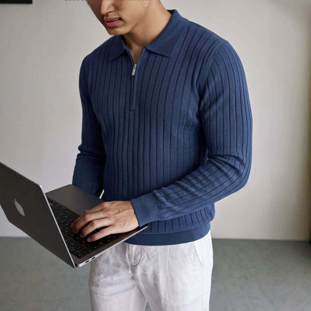 Half zip lapel long sleeved sweater for men