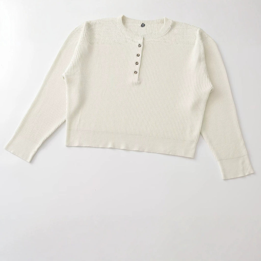 Button decoration long sleeved round neck knitted sweater for women