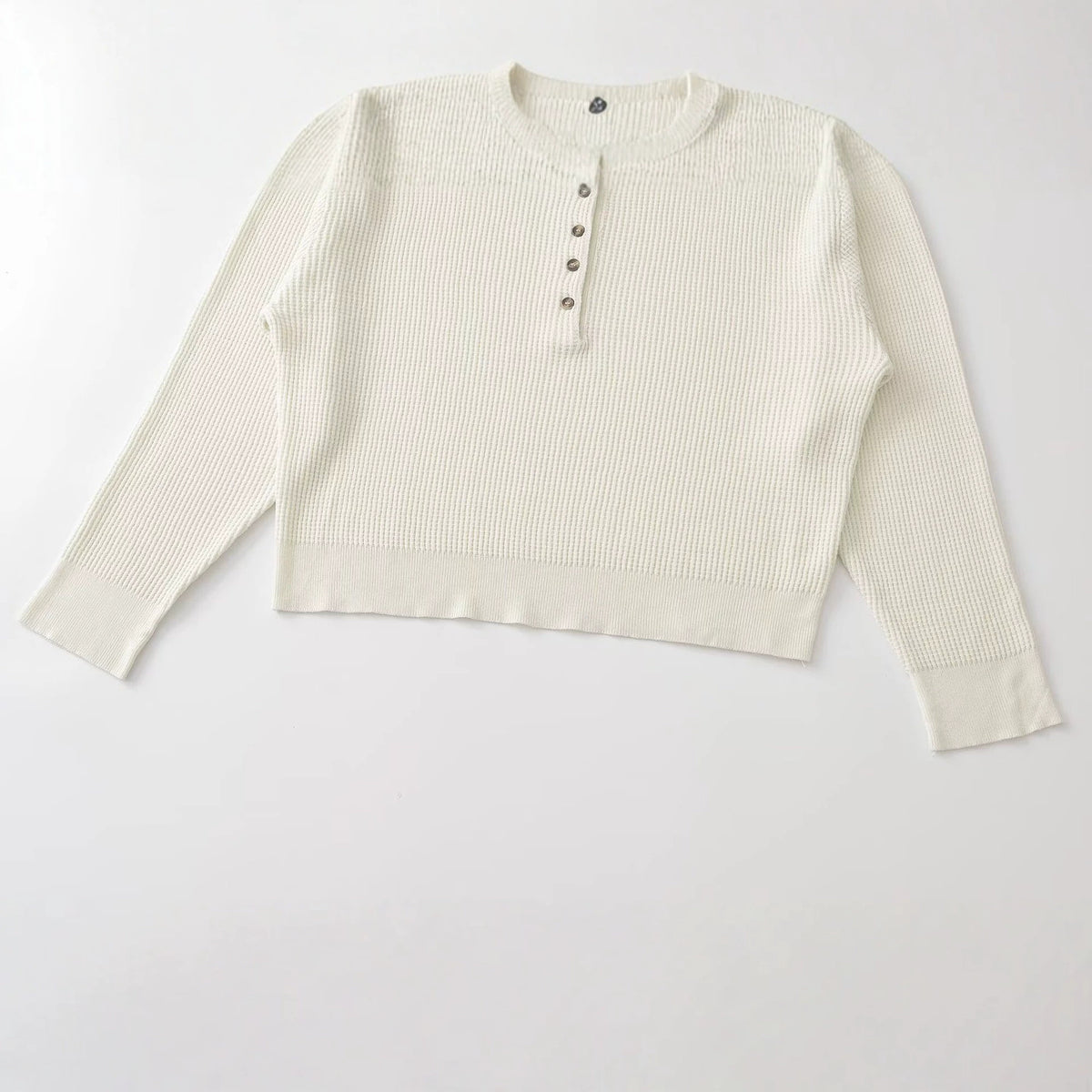 Button decoration long sleeved round neck knitted sweater for women