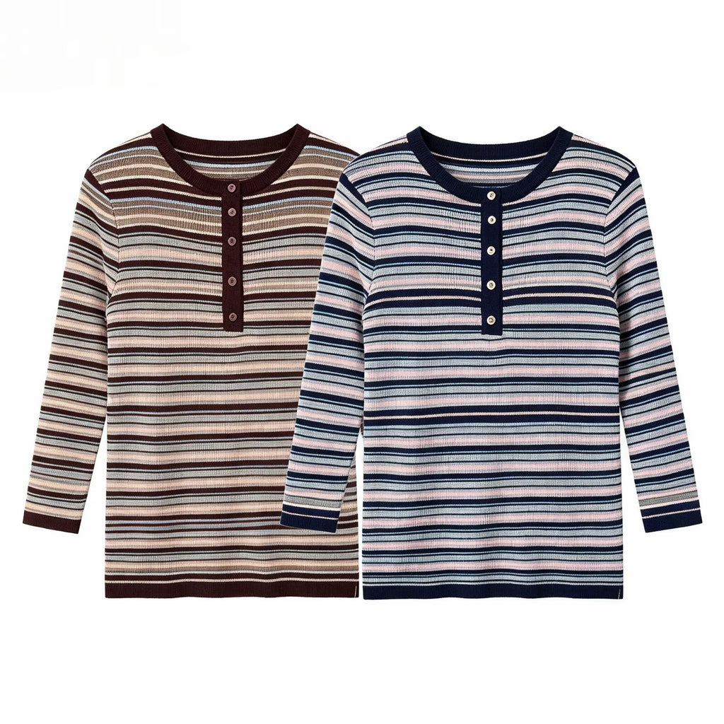 Long sleeved round neck striped knitted sweater for women