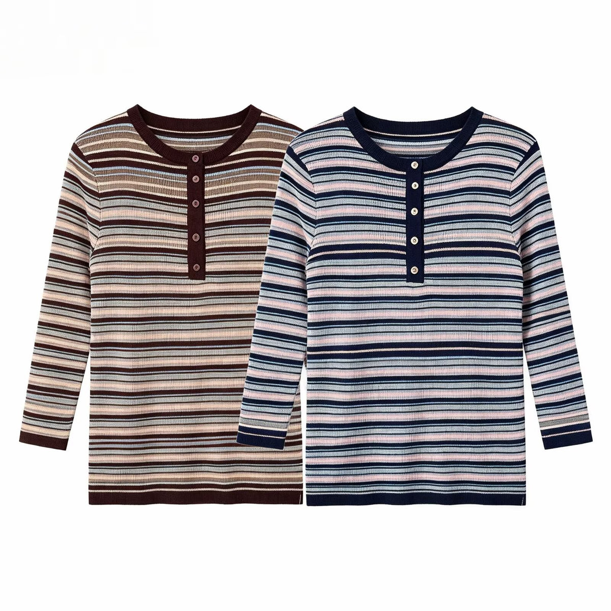 Long sleeved round neck striped knitted sweater for women