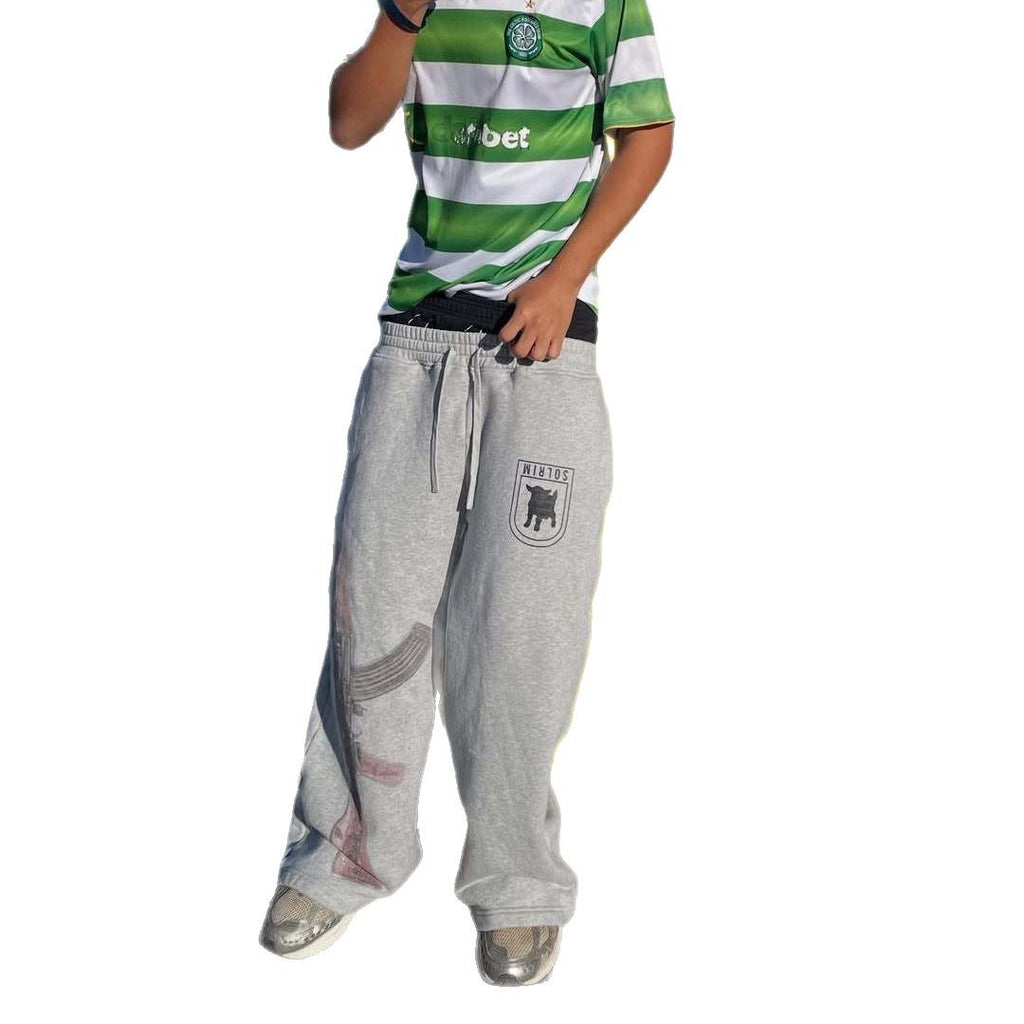 Streetwear Double Waist Embroidery Cuff Couples Sweatpants