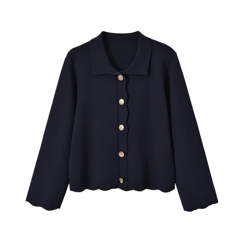 Button up wavy edge knitted jacket+short skirt set for women
