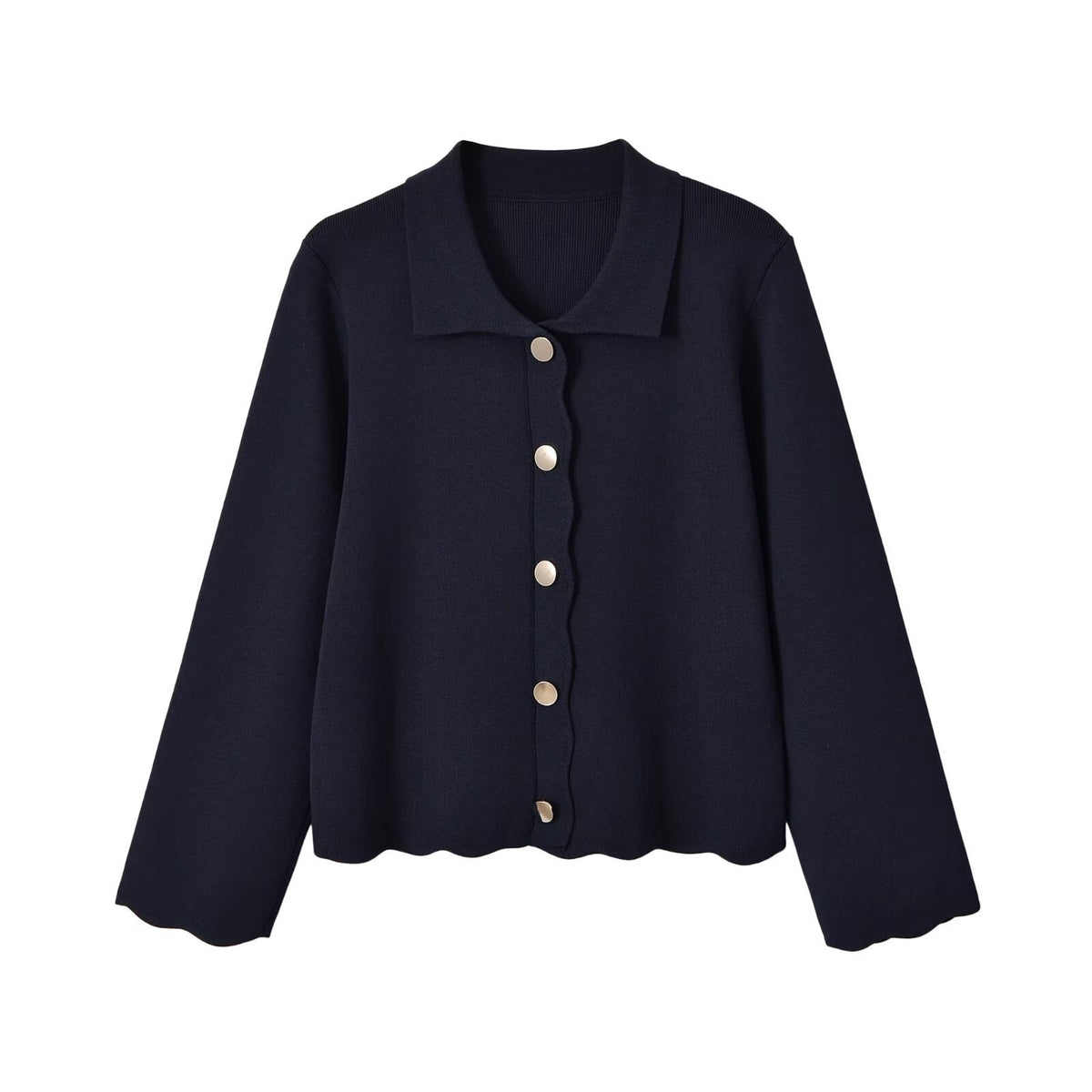 Button up wavy edge knitted jacket+short skirt set for women