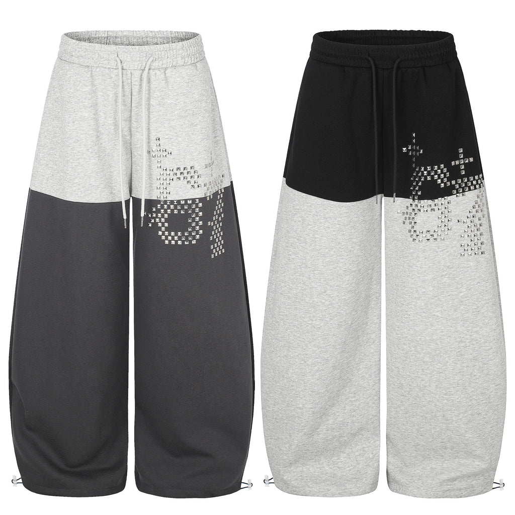 Color Block Rhinestone Drawstring Loose Wide Leg Sweatpants