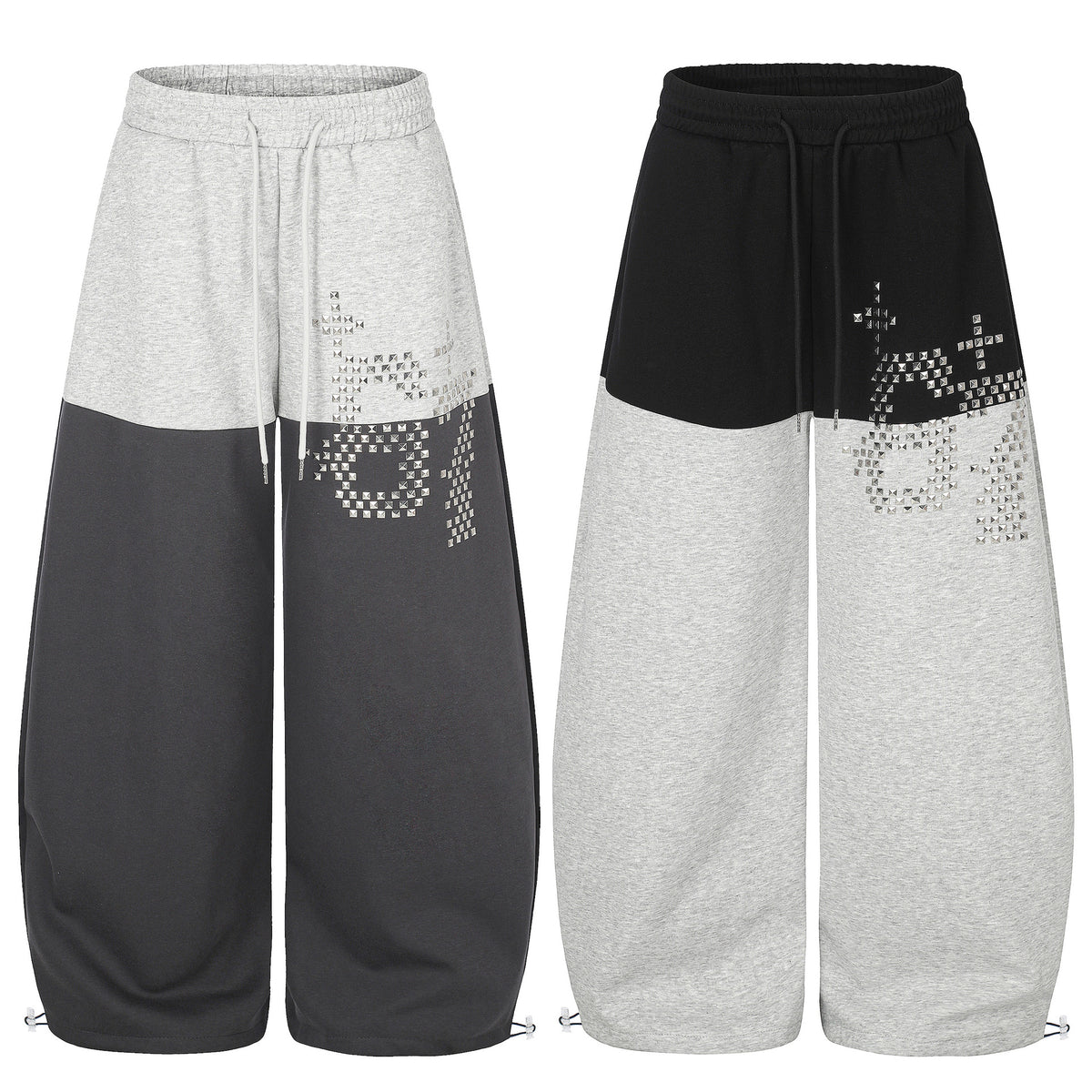 Color Block Rhinestone Drawstring Loose Wide Leg Sweatpants