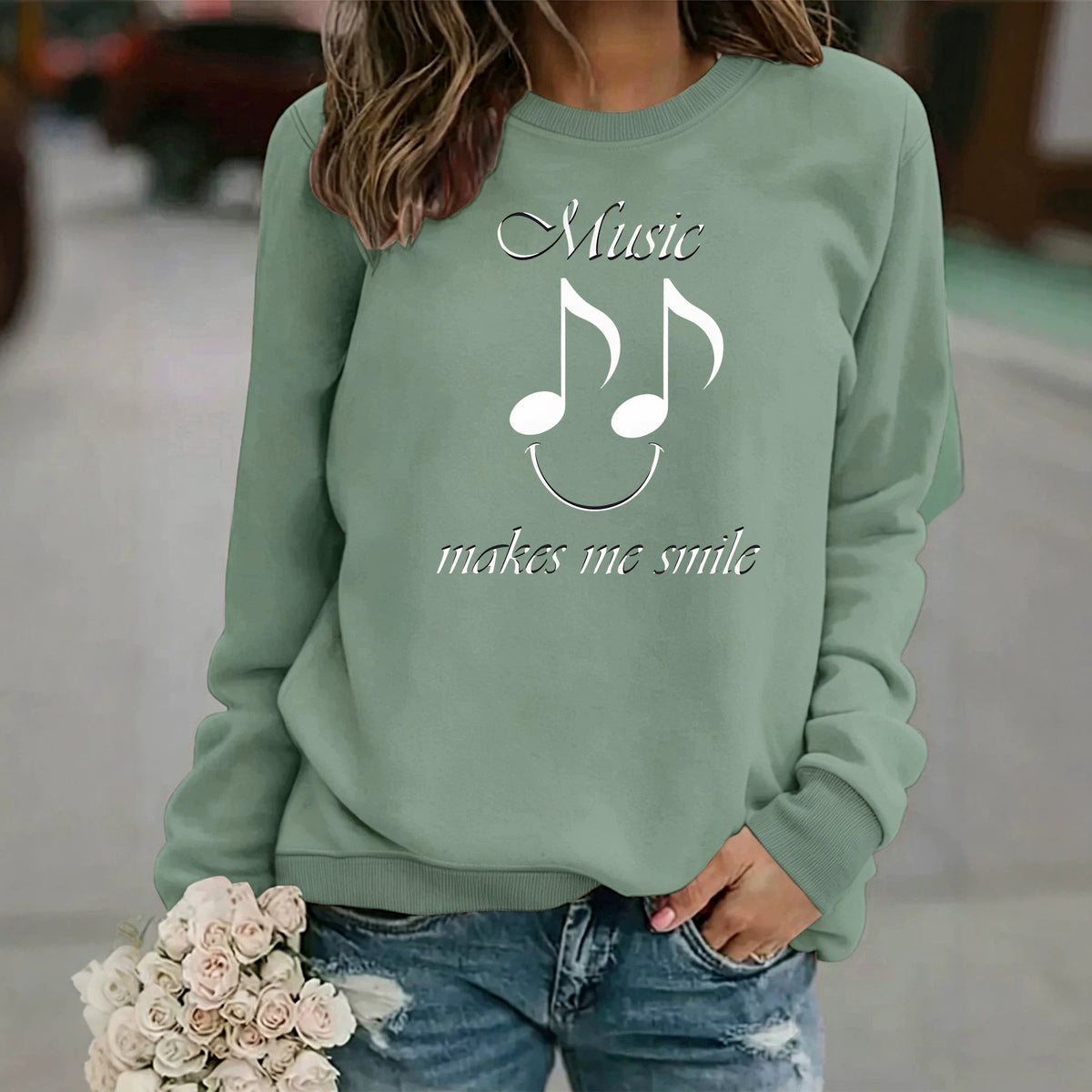 Printed round neck fleece hoodie for women