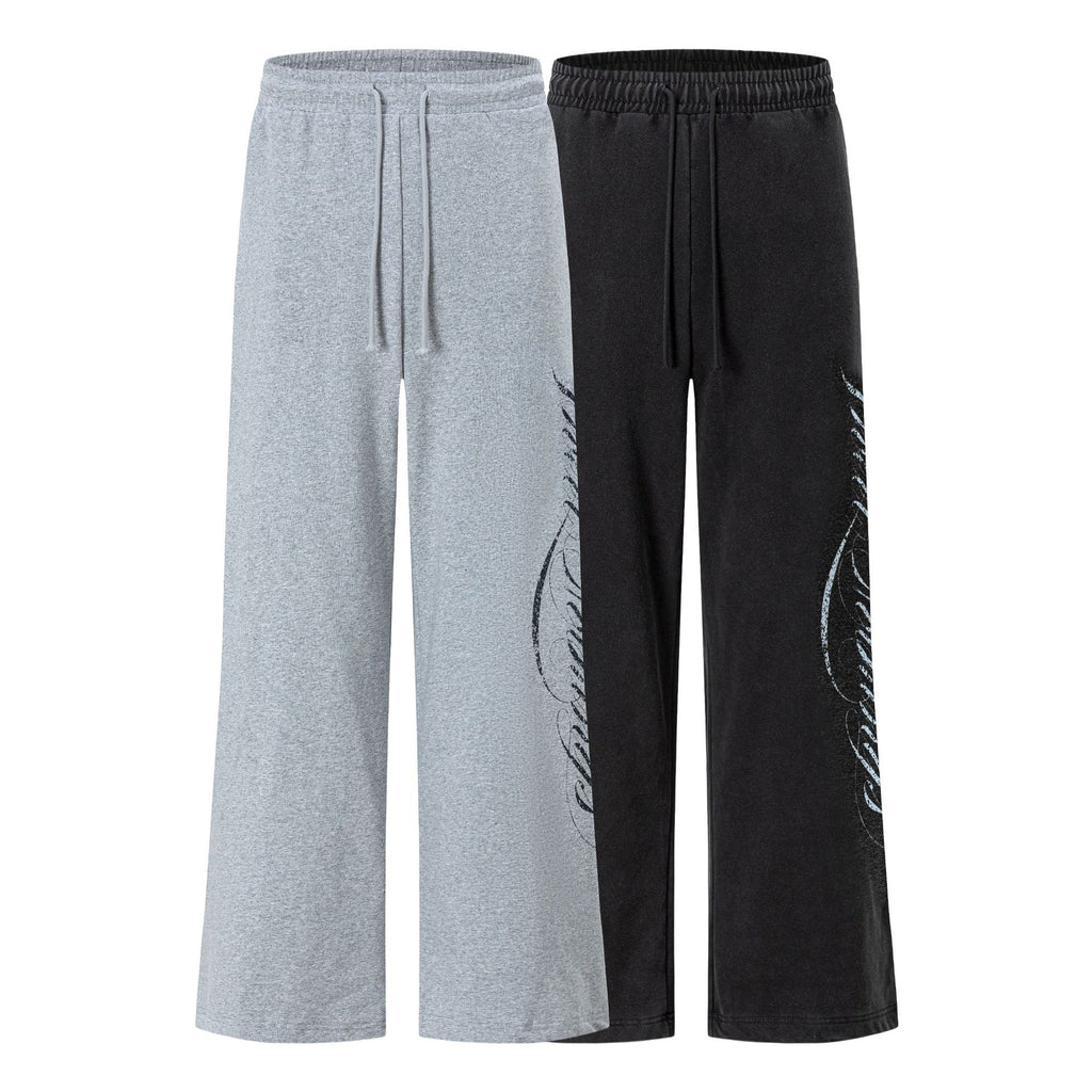 Street Side Cursive Letter Print Distressed Wash Elastic Waist Wide Leg Sweatpants
