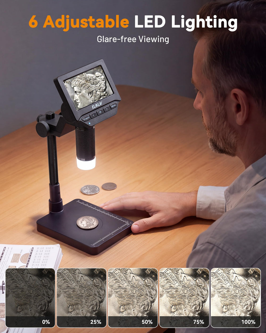 Elikliv Microscope, Digital Coin Microscope 1000x with Lights, EDM4, 4.3''