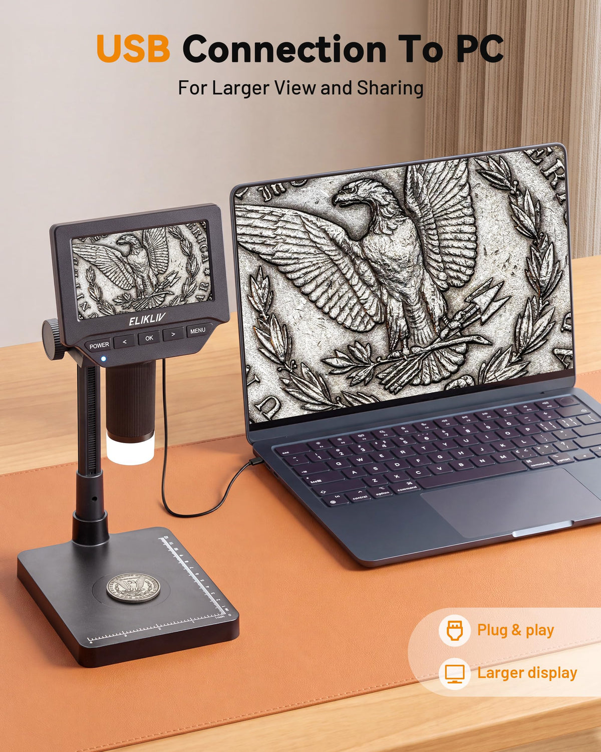 Elikliv Microscope, Digital Coin Microscope 1000x with Lights, EDM4, 4.3''