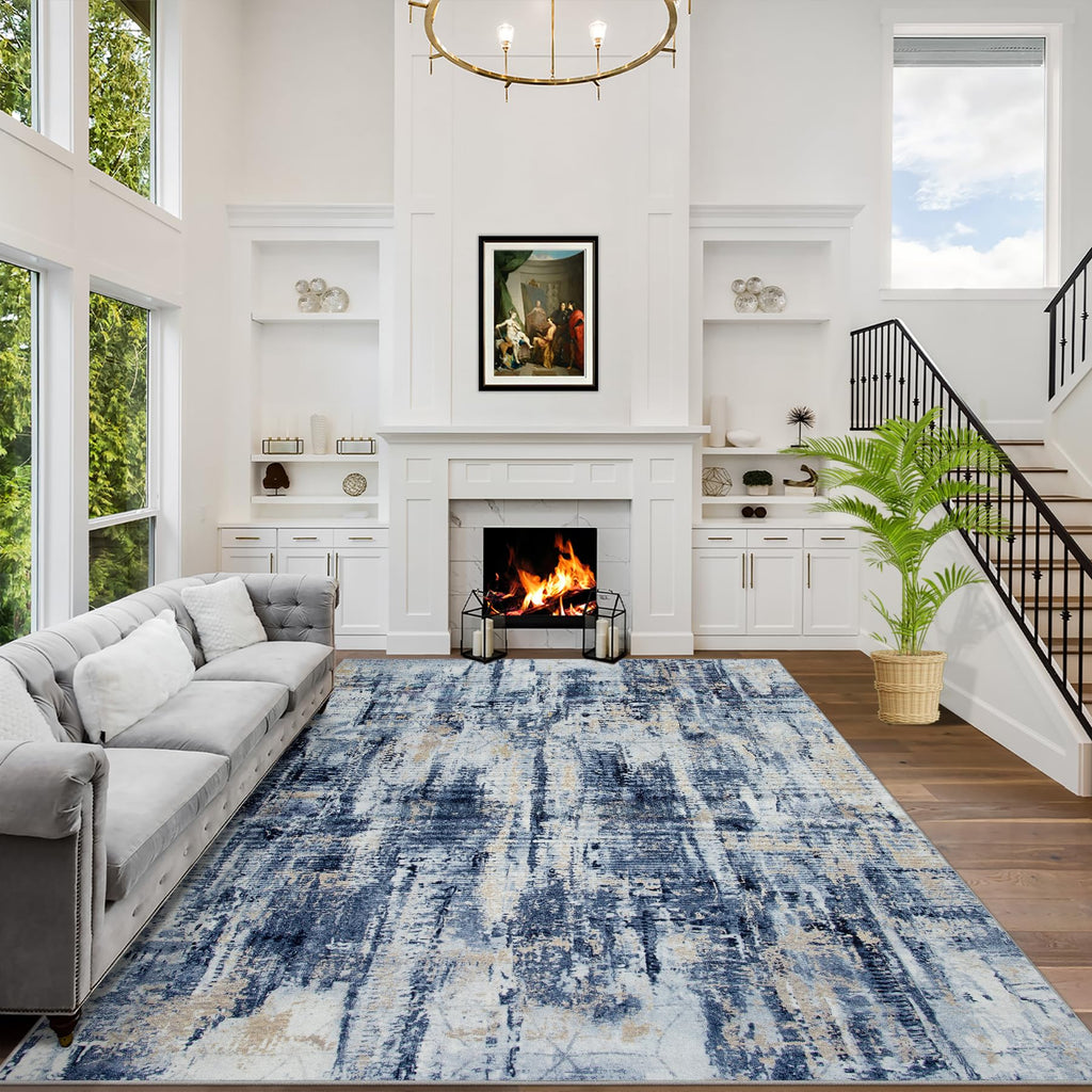 5x7 Area Rugs for Living Room: Washable Abstract Black Grey Gold Carpet