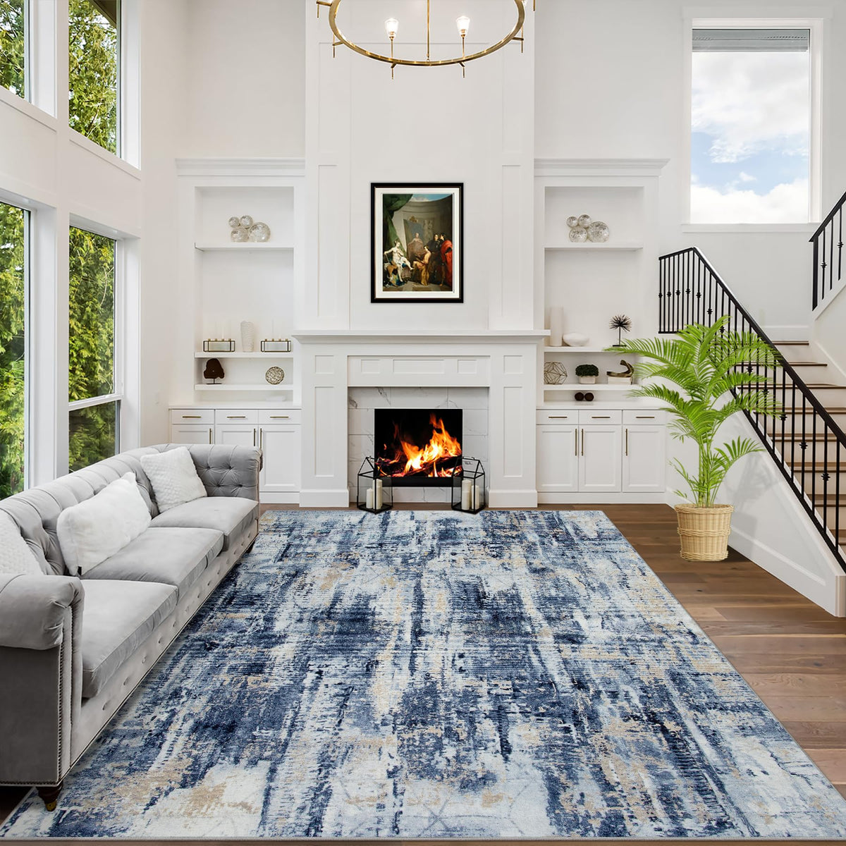 5x7 Area Rugs for Living Room: Washable Abstract Black Grey Gold Carpet