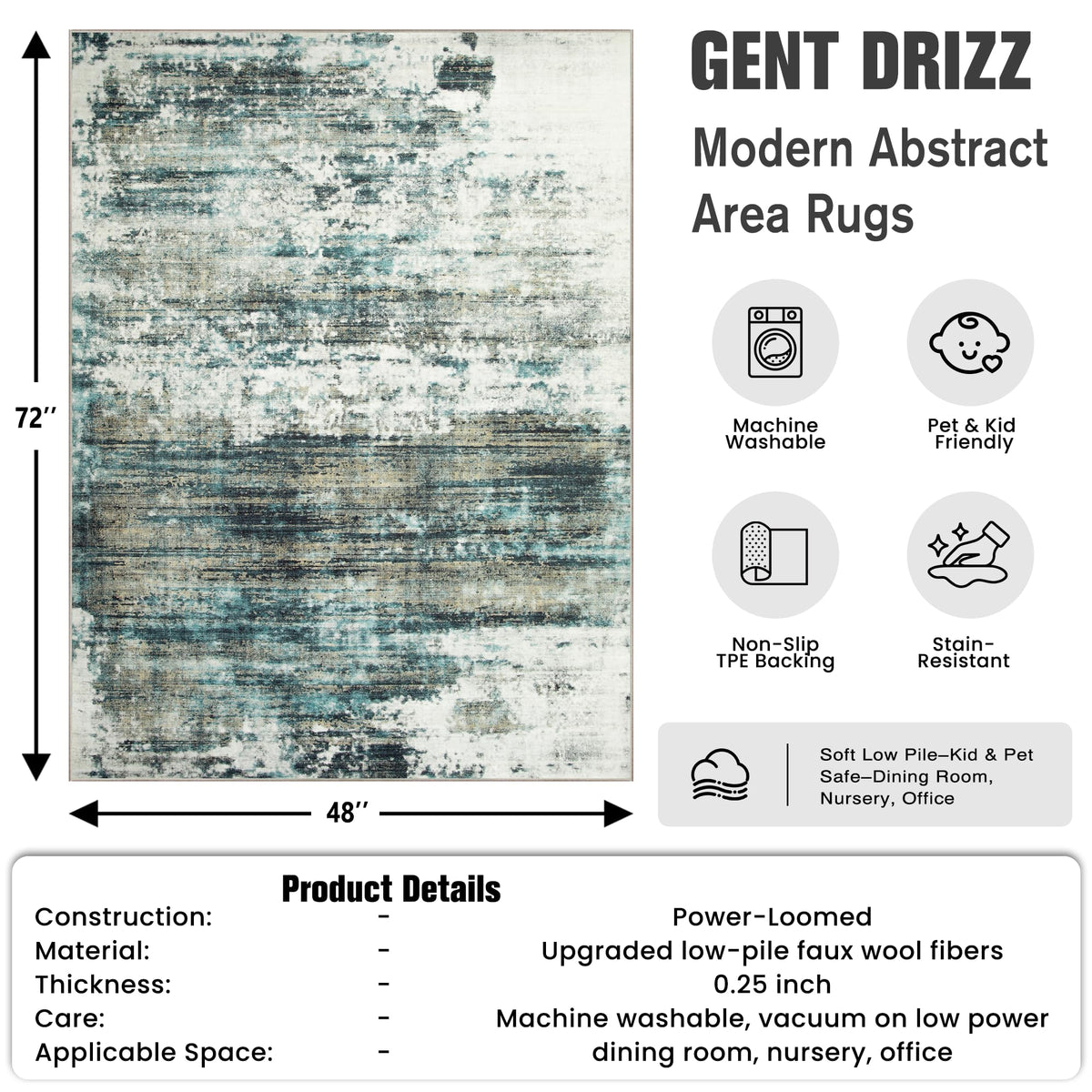5x7 Area Rugs for Living Room: Washable Abstract Black Grey Gold Carpet