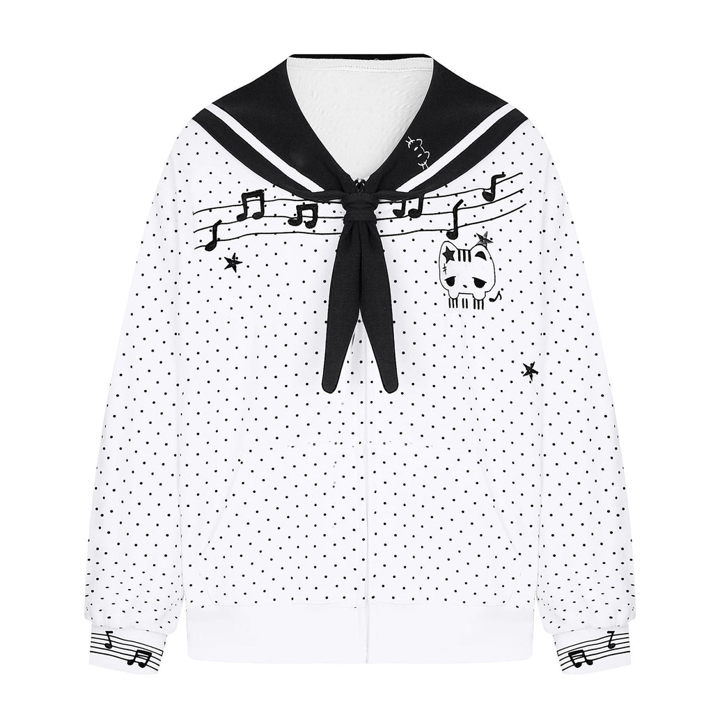 Polka Dot Zipper Sailor Collar Loose Fit Hoodie Jacket