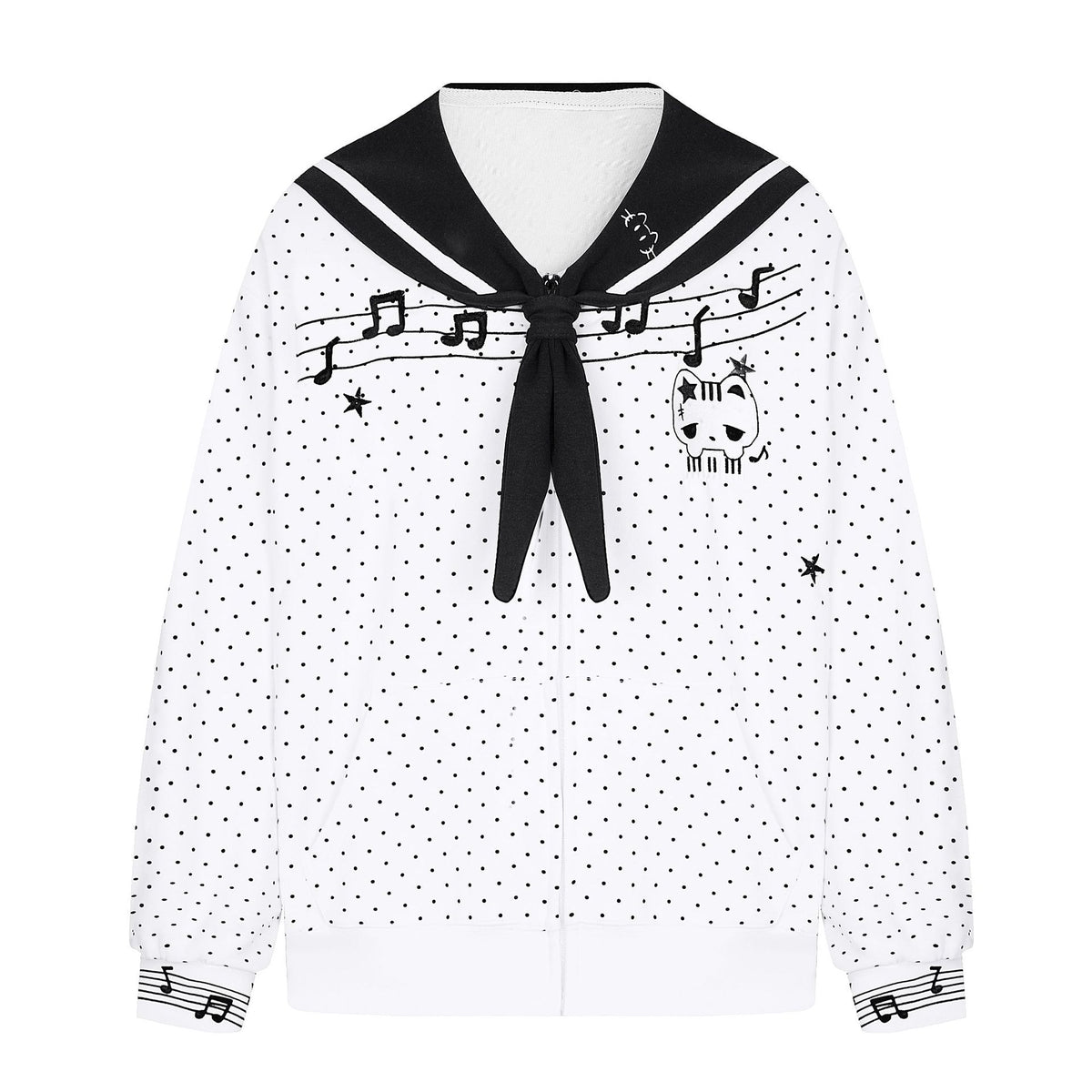 Polka Dot Zipper Sailor Collar Loose Fit Hoodie Jacket