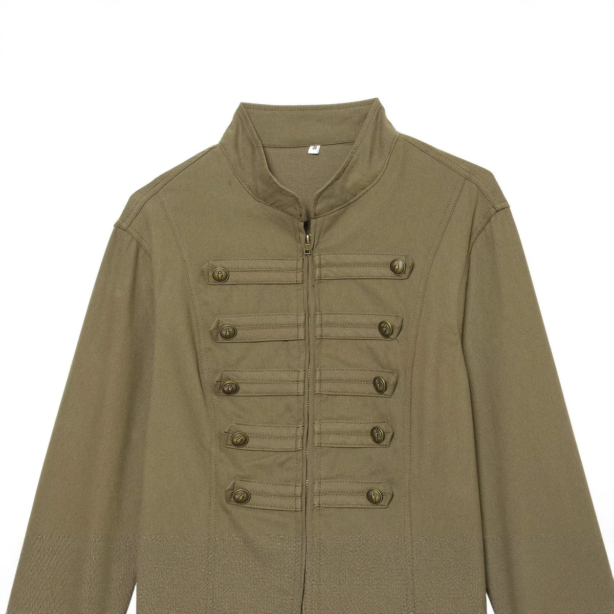 Knot button stand up collar zipper long sleeved jacket for women